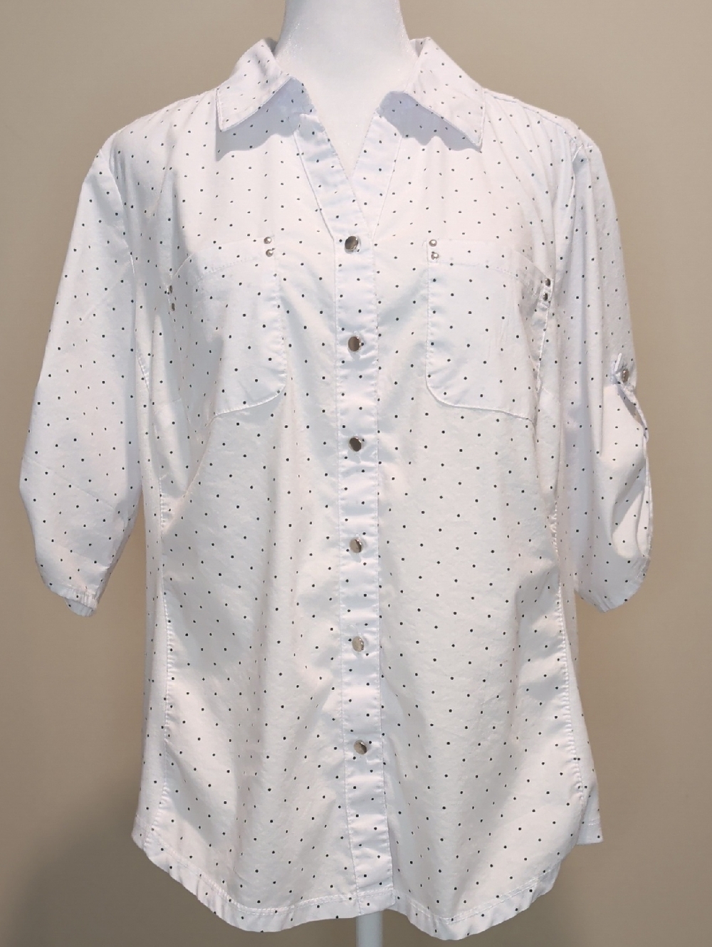 Emily Daniels White Button-Down Shirt with Black Micro Dot Print